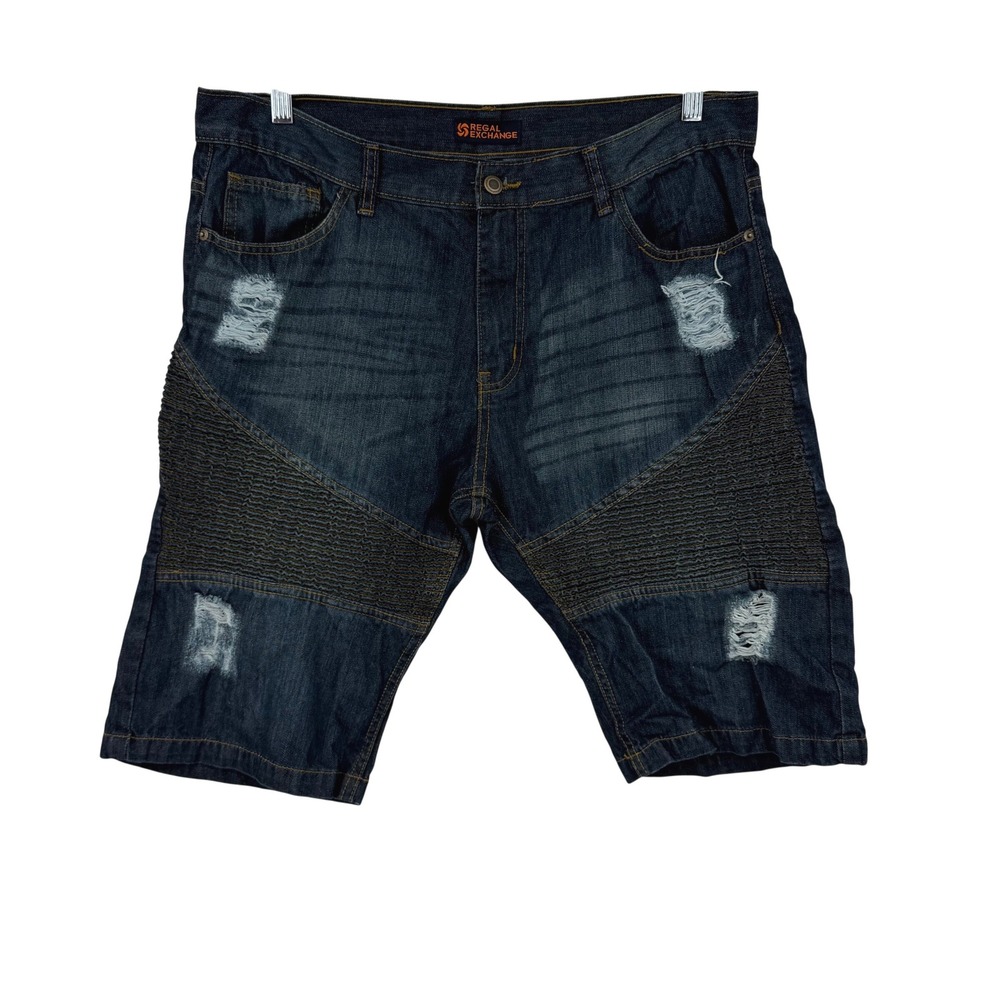 Regal Exchange Mens 38 Moto Biker Denim Shorts Distressed Ribbed Jorts Dark Wash